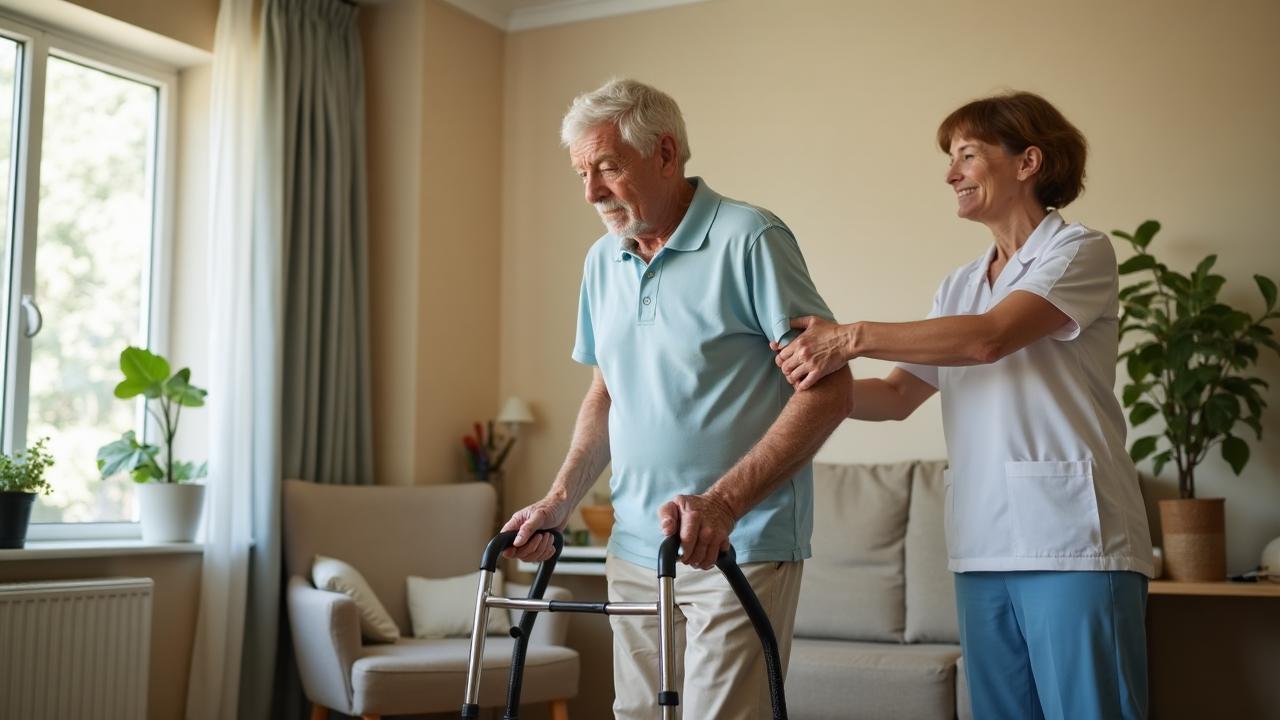 Fisioterapia geriátrica: fisioterapeuta ayudando a persona mayor con ejercicios de movilidad y equilibrio en su domicilio