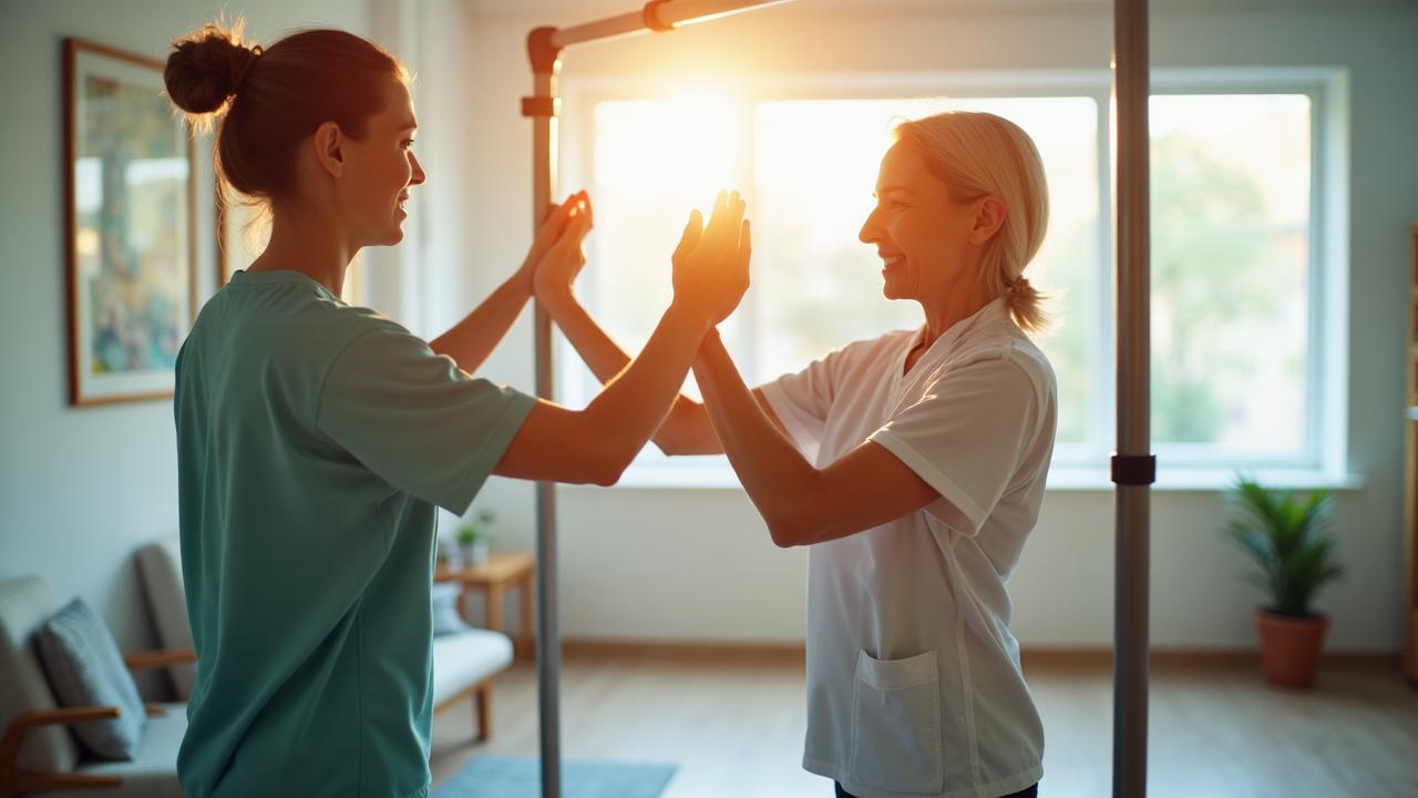 Sesión de neurorrehabilitación con fisioterapeuta ayudando a paciente con ejercicios de equilibrio y coordinación