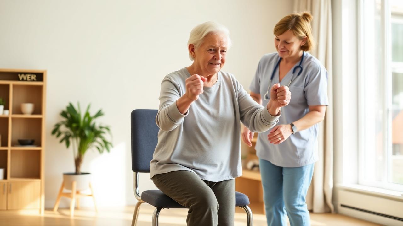 Fisioterapeuta ayudando a una persona mayor a realizar ejercicios de equilibrio para prevenir caídas