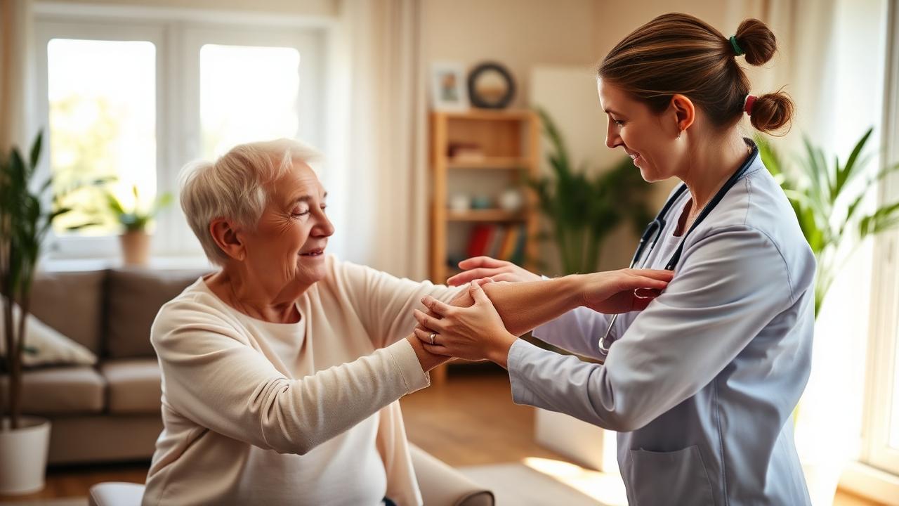 Fisioterapeuta realizando rehabilitación neurológica a domicilio con un paciente tras un ictus en Madrid